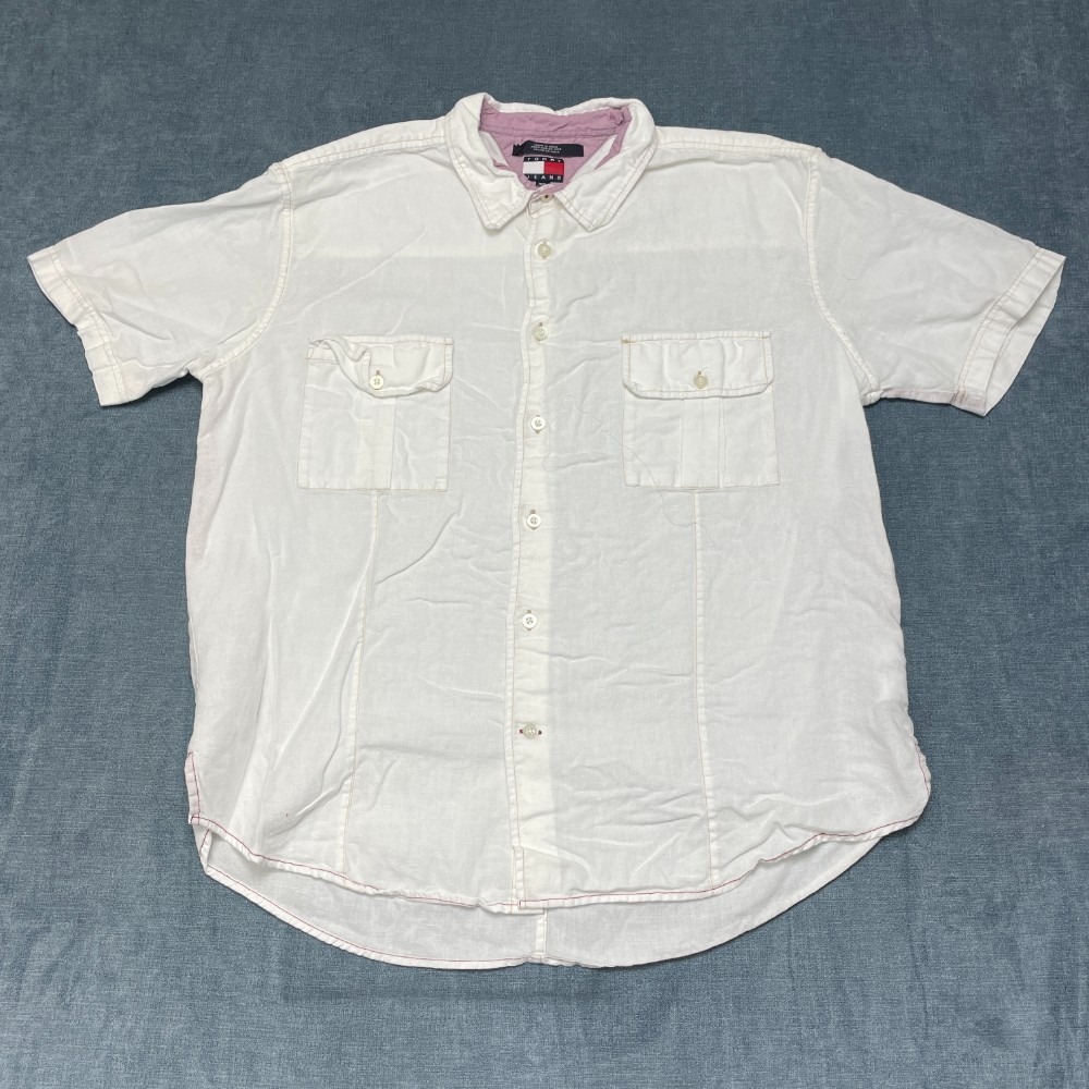 Tommy Hilfiger Shirt Mens 2XL White Pockets Everyday Wear Pleated Button Up